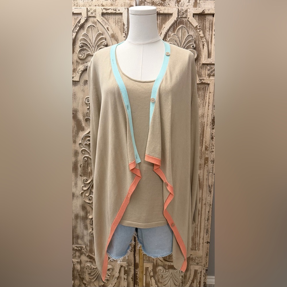LAFAYETTE 148 Beige Cardigan twin set with Blue and Orange Trim
